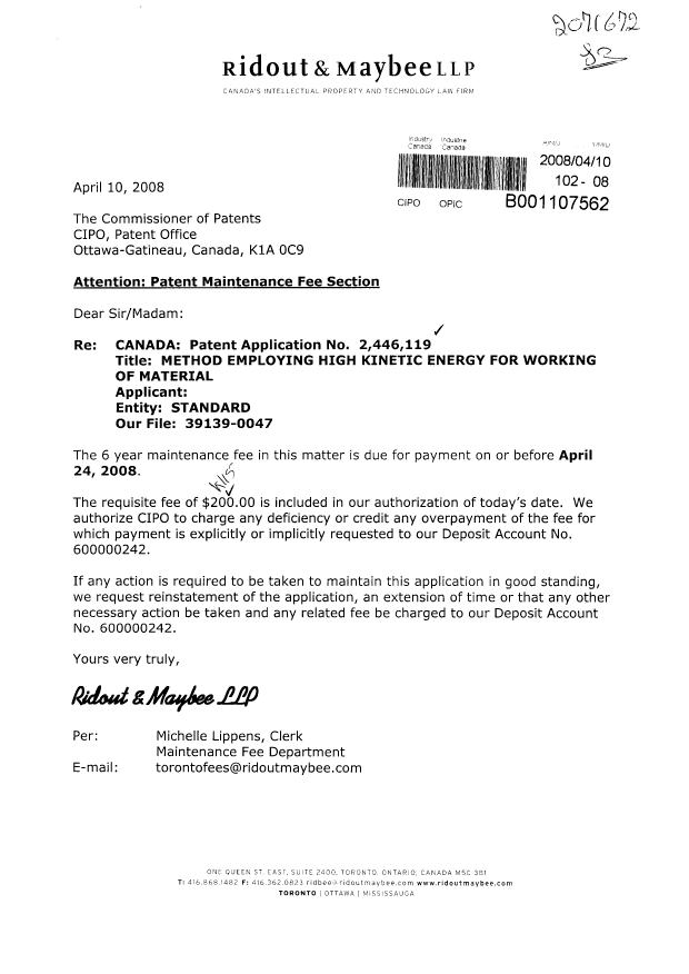 Canadian Patent Document 2446119. Fees 20080410. Image 1 of 1