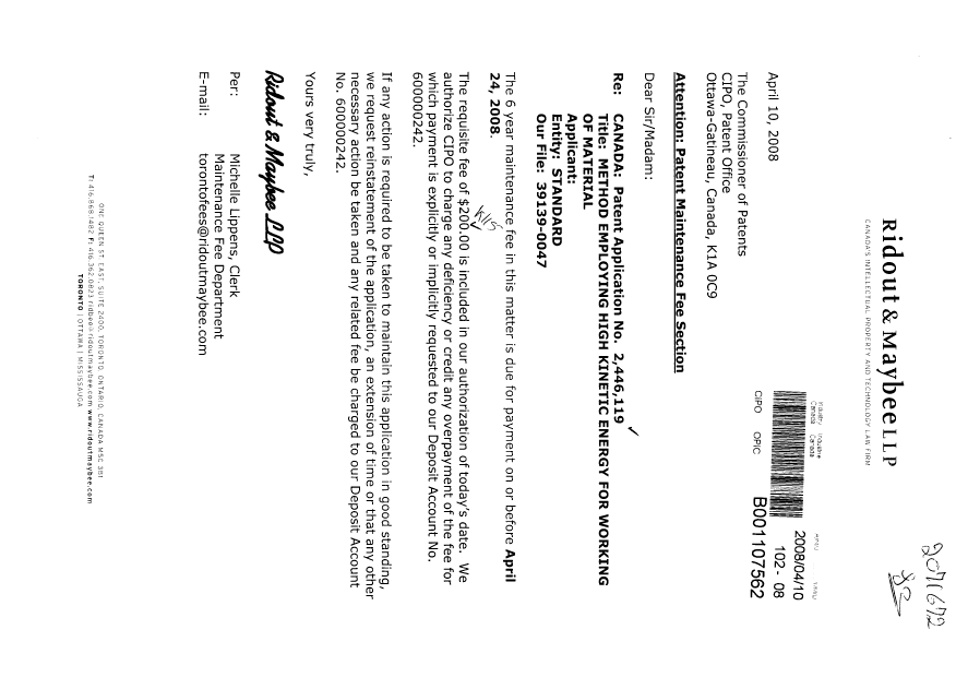 Document de brevet canadien 2446119. Taxes 20080410. Image 1 de 1