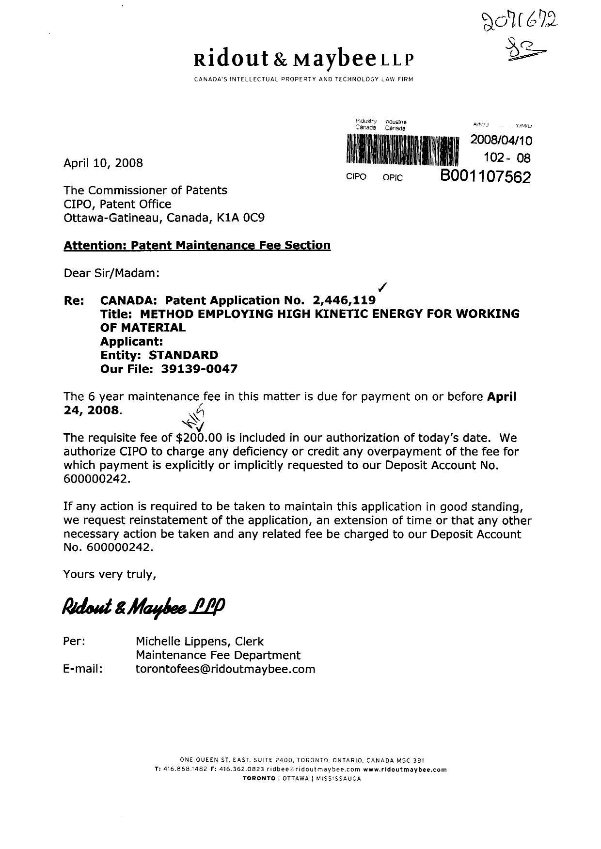 Document de brevet canadien 2446119. Taxes 20080410. Image 1 de 1