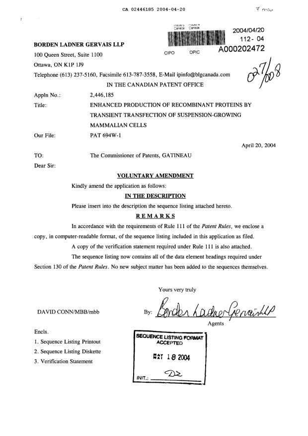 Canadian Patent Document 2446185. Prosecution-Amendment 20031220. Image 1 of 3