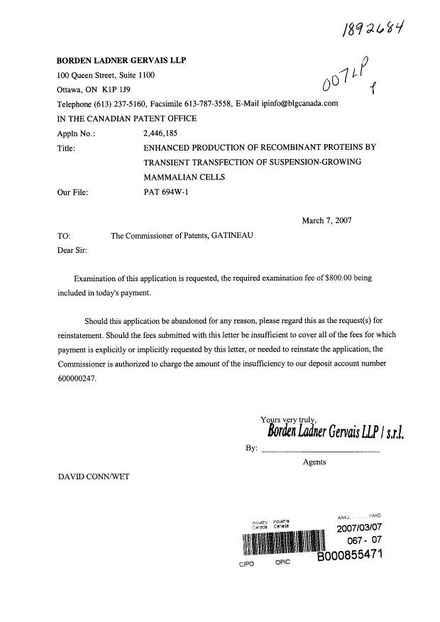 Document de brevet canadien 2446185. Poursuite-Amendment 20070307. Image 1 de 1