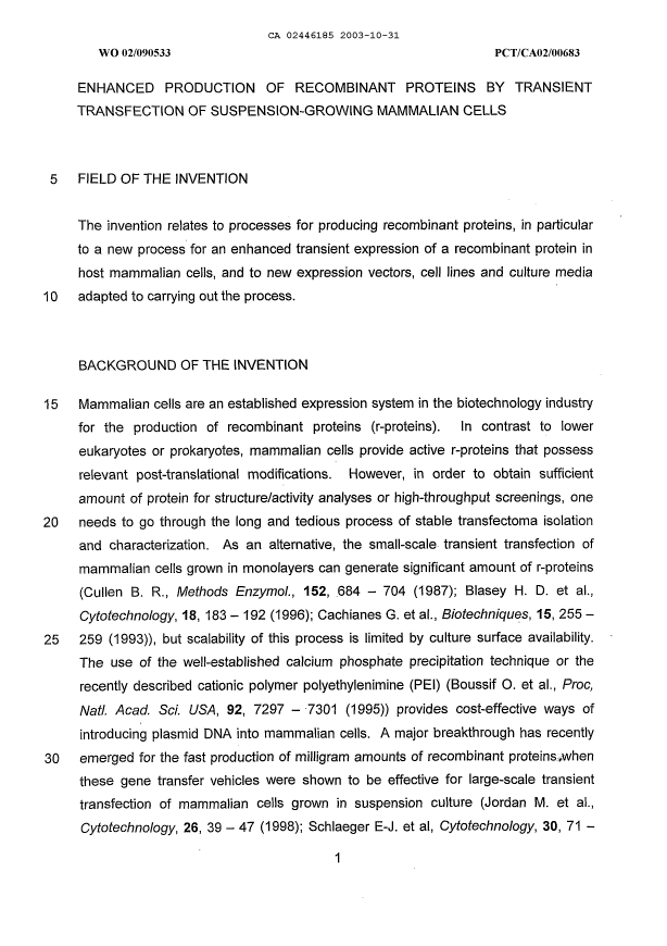 Canadian Patent Document 2446185. Description 20100831. Image 1 of 24