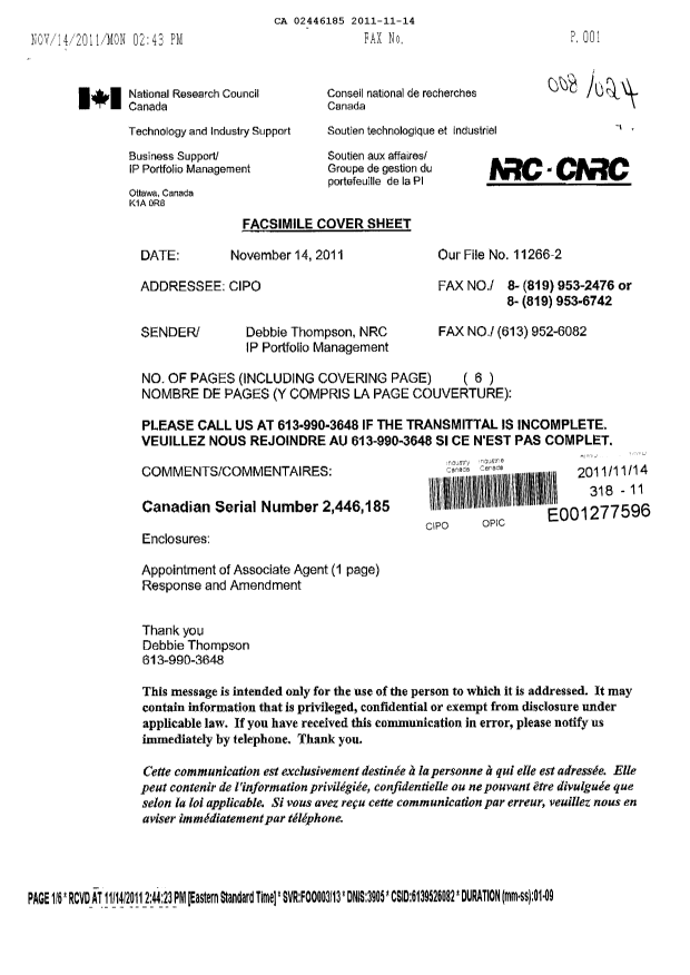Canadian Patent Document 2446185. Correspondence 20101214. Image 1 of 2