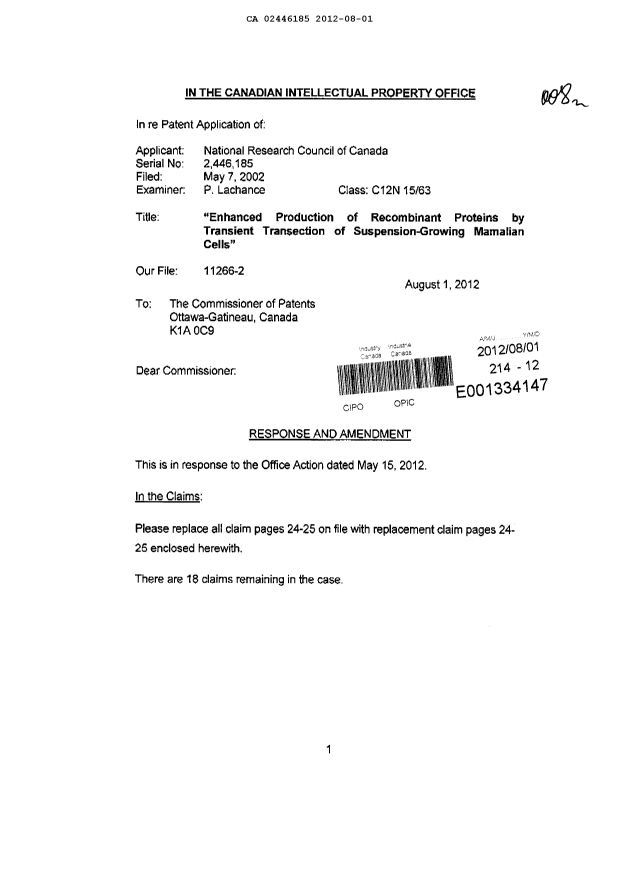 Canadian Patent Document 2446185. Prosecution-Amendment 20111201. Image 1 of 5