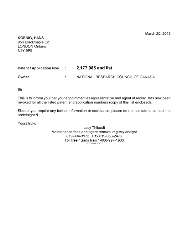 Document de brevet canadien 2446185. Correspondance 20121220. Image 1 de 1