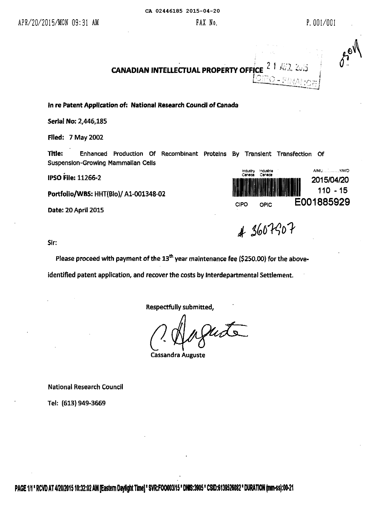 Canadian Patent Document 2446185. Fees 20141220. Image 1 of 1