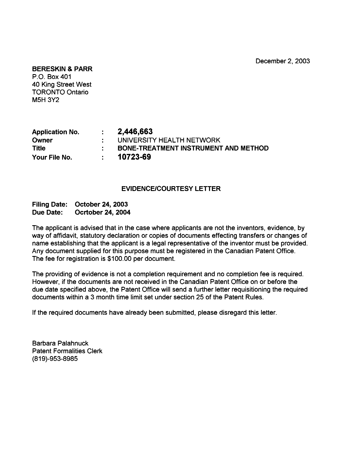 Document de brevet canadien 2446663. Correspondance 20031127. Image 1 de 1