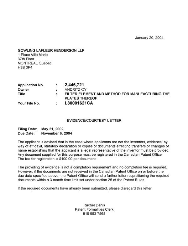 Canadian Patent Document 2446721. Correspondence 20040115. Image 1 of 1