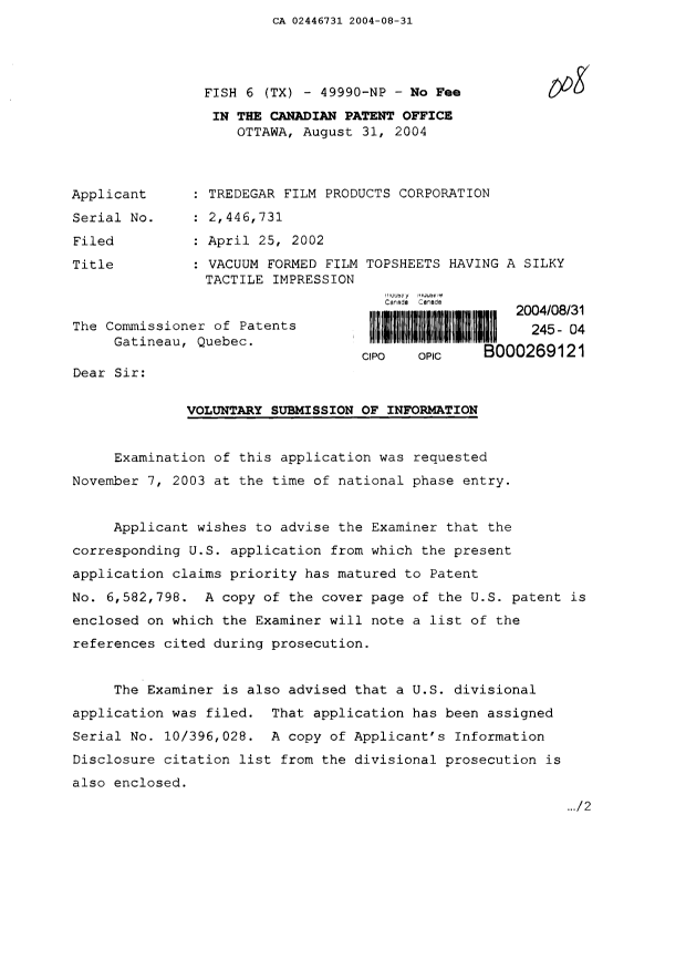 Canadian Patent Document 2446731. Prosecution-Amendment 20040831. Image 1 of 2