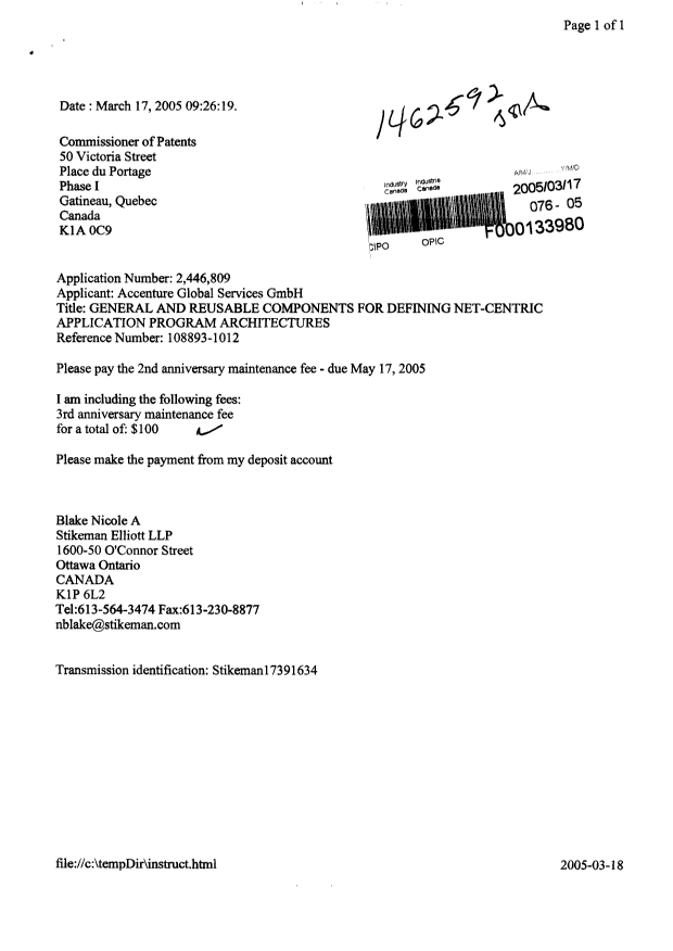 Document de brevet canadien 2446809. Taxes 20050317. Image 1 de 1
