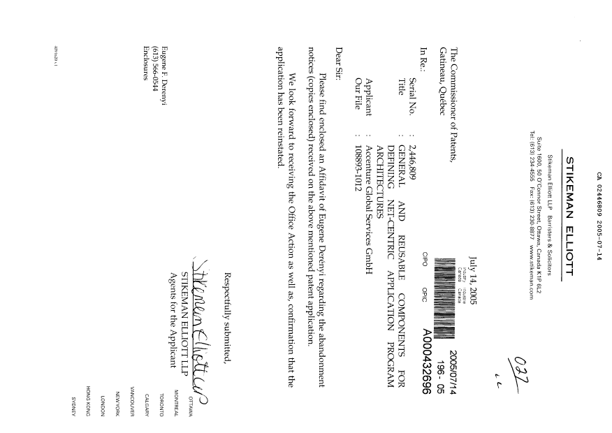 Canadian Patent Document 2446809. Prosecution-Amendment 20050714. Image 1 of 4