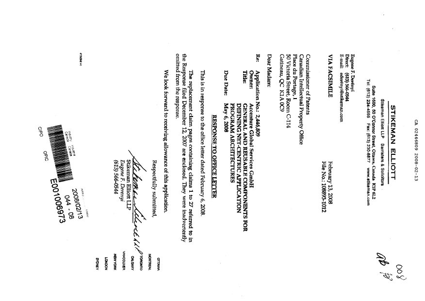 Canadian Patent Document 2446809. Prosecution-Amendment 20080213. Image 1 of 7