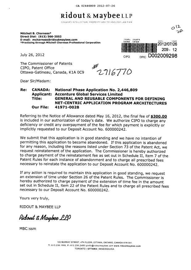 Canadian Patent Document 2446809. Correspondence 20120726. Image 1 of 1