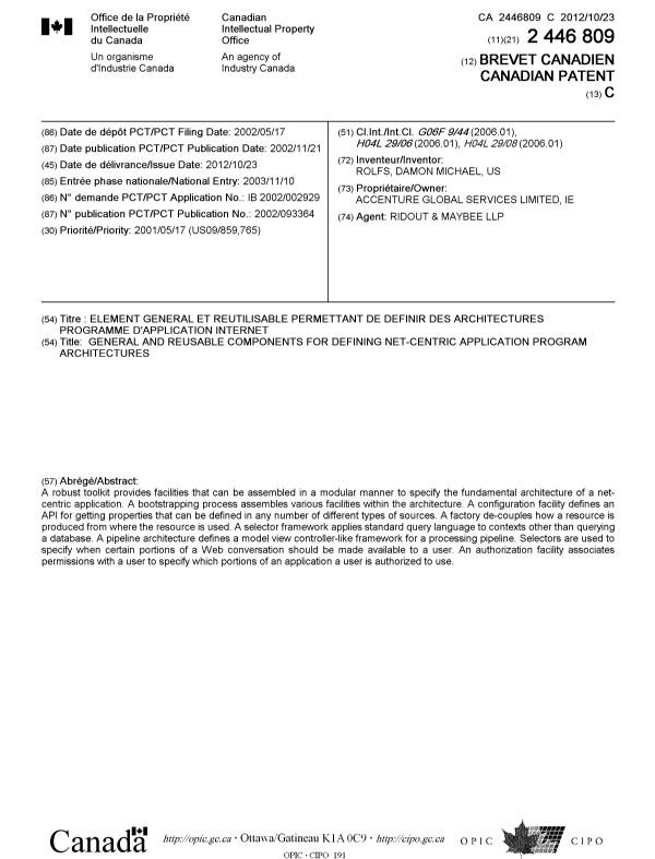 Document de brevet canadien 2446809. Page couverture 20120927. Image 1 de 1