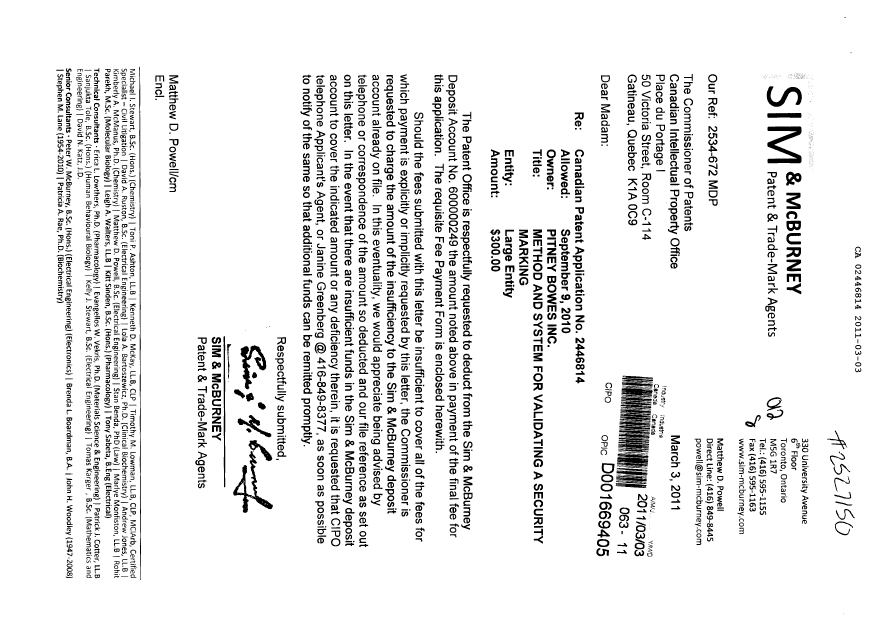Canadian Patent Document 2446814. Correspondence 20110303. Image 1 of 1
