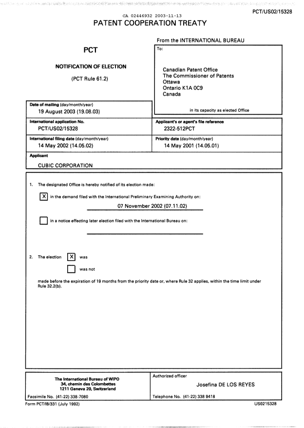 Document de brevet canadien 2446932. PCT 20031113. Image 1 de 4