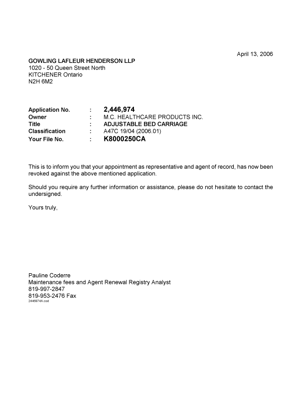 Document de brevet canadien 2446974. Correspondance 20060413. Image 1 de 1