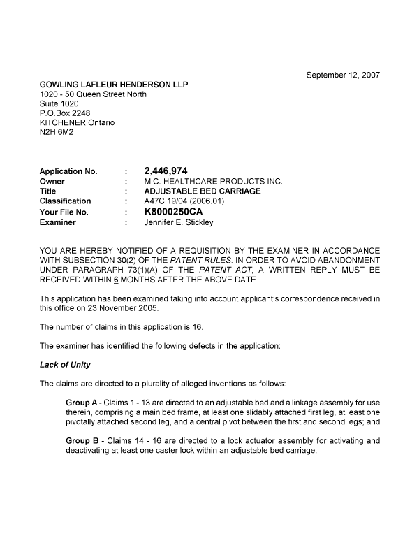 Canadian Patent Document 2446974. Prosecution-Amendment 20070912. Image 1 of 2