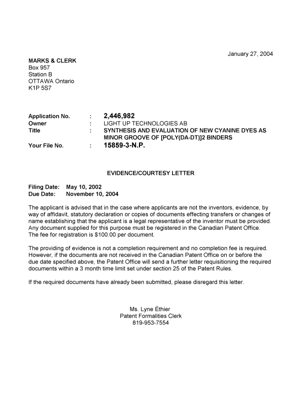 Canadian Patent Document 2446982. Correspondence 20040120. Image 1 of 1