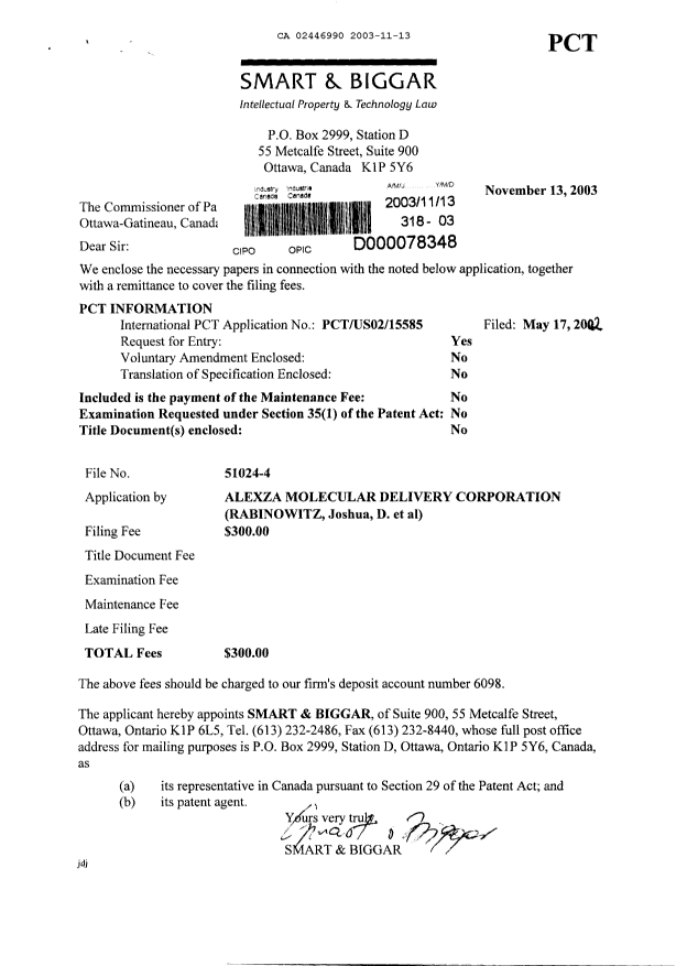 Document de brevet canadien 2446990. Cession 20031113. Image 1 de 2