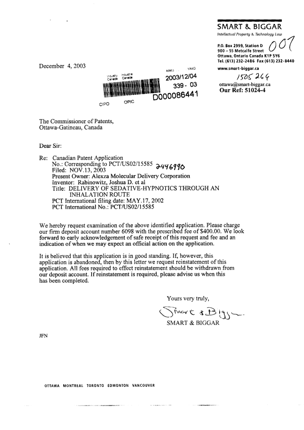 Document de brevet canadien 2446990. Poursuite-Amendment 20031204. Image 1 de 1