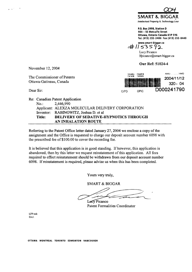 Document de brevet canadien 2446990. Cession 20041112. Image 1 de 3