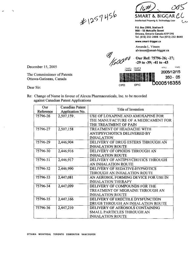 Document de brevet canadien 2446990. Cession 20051215. Image 1 de 3