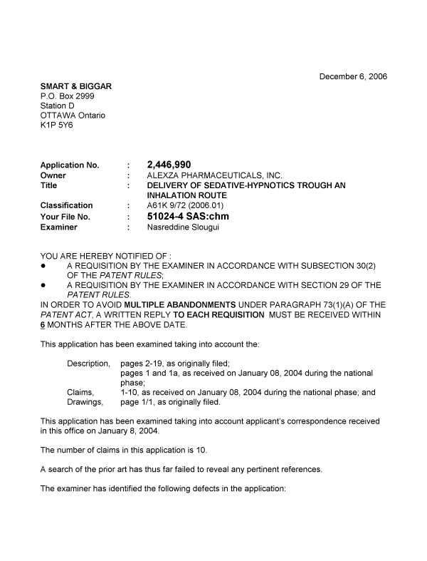 Document de brevet canadien 2446990. Poursuite-Amendment 20061206. Image 1 de 2