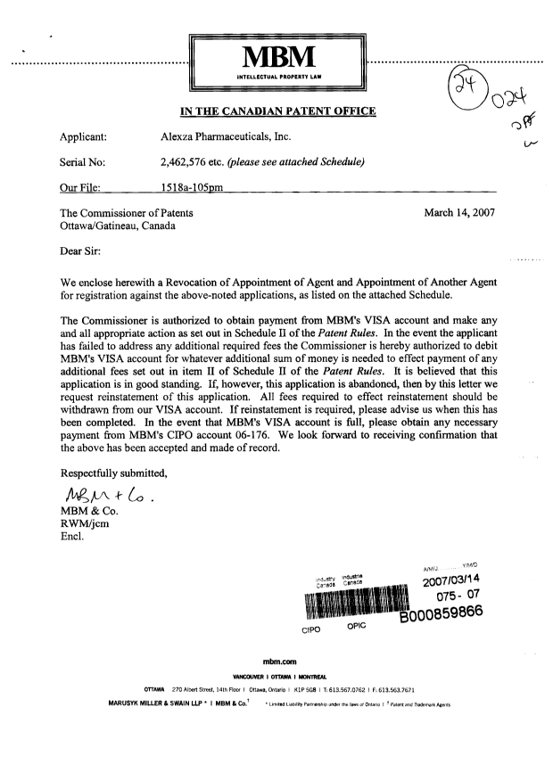 Document de brevet canadien 2446990. Correspondance 20070314. Image 1 de 3