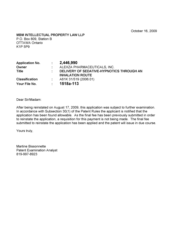 Document de brevet canadien 2446990. Poursuite-Amendment 20091016. Image 1 de 1