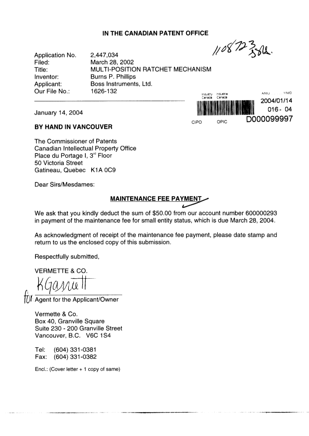 Document de brevet canadien 2447034. Taxes 20040114. Image 1 de 1