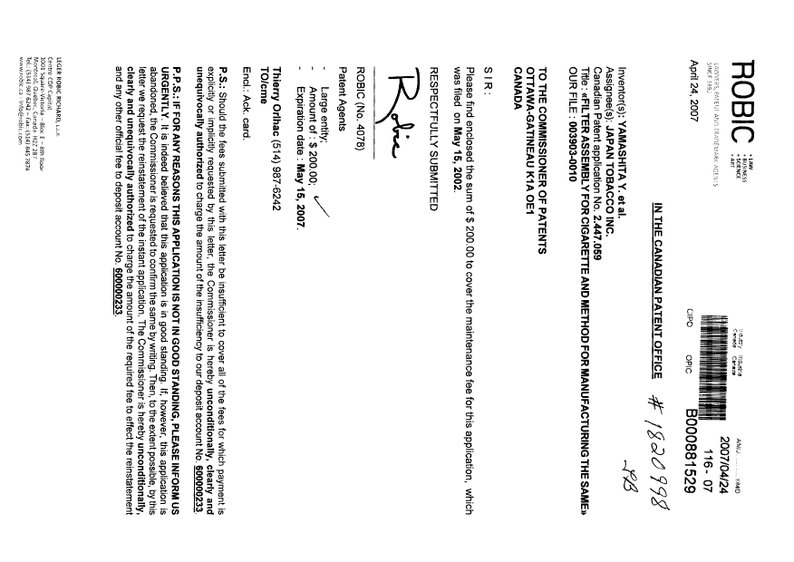 Canadian Patent Document 2447059. Fees 20070424. Image 1 of 1