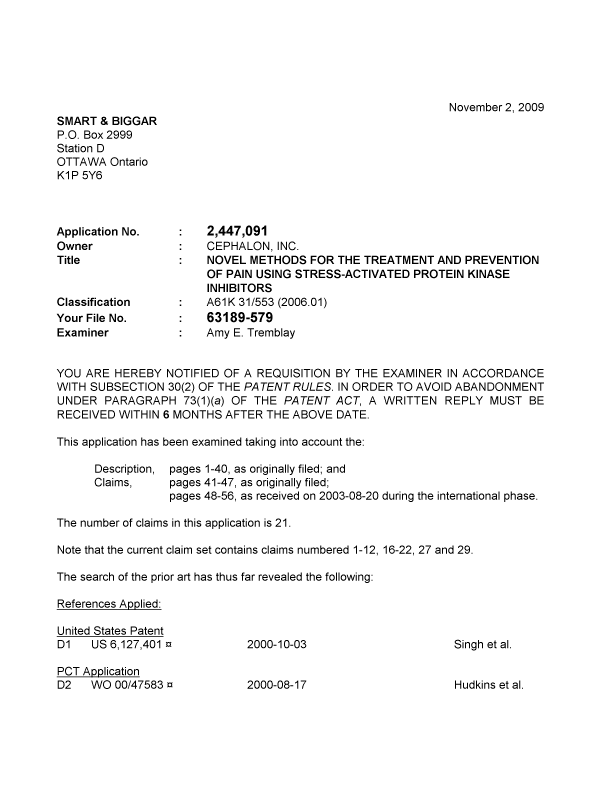 Canadian Patent Document 2447091. Prosecution-Amendment 20091102. Image 1 of 5