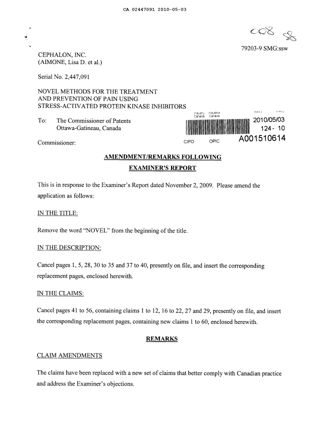 Canadian Patent Document 2447091. Prosecution-Amendment 20100503. Image 1 of 69