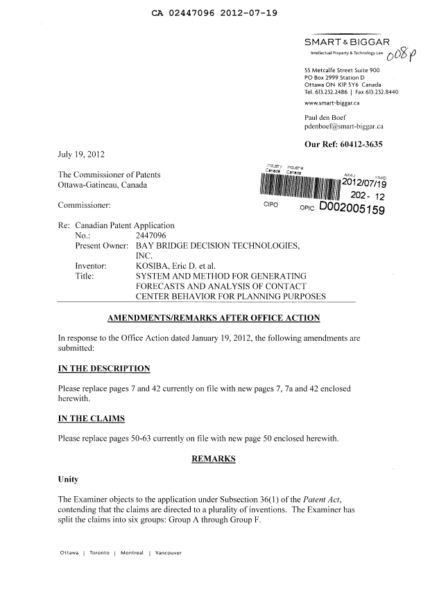 Canadian Patent Document 2447096. Prosecution-Amendment 20120719. Image 1 of 7