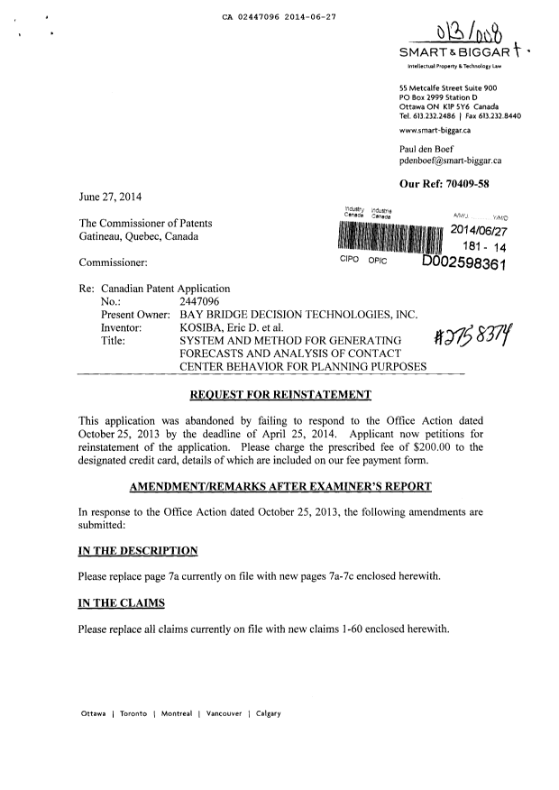 Canadian Patent Document 2447096. Prosecution-Amendment 20140627. Image 1 of 24