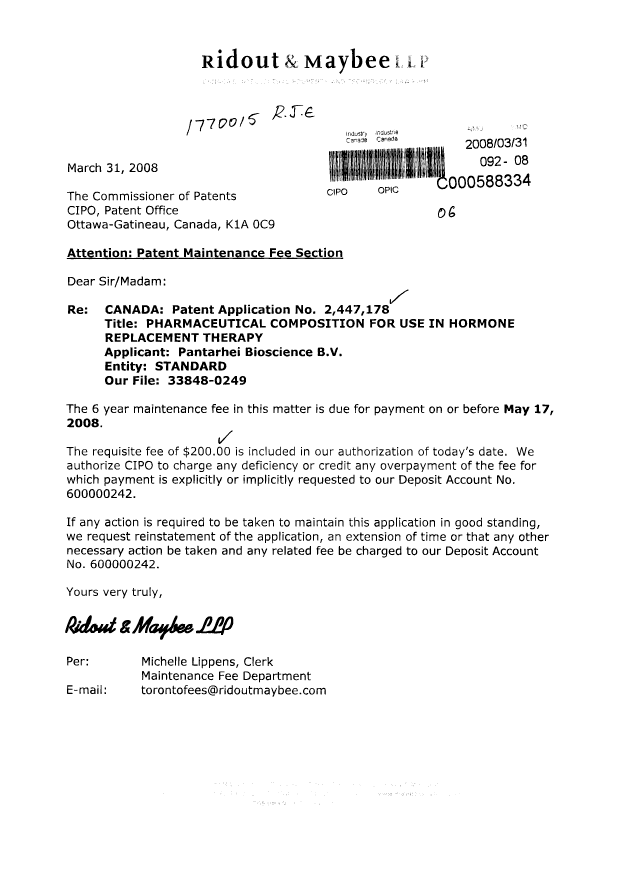 Document de brevet canadien 2447178. Taxes 20080331. Image 1 de 1