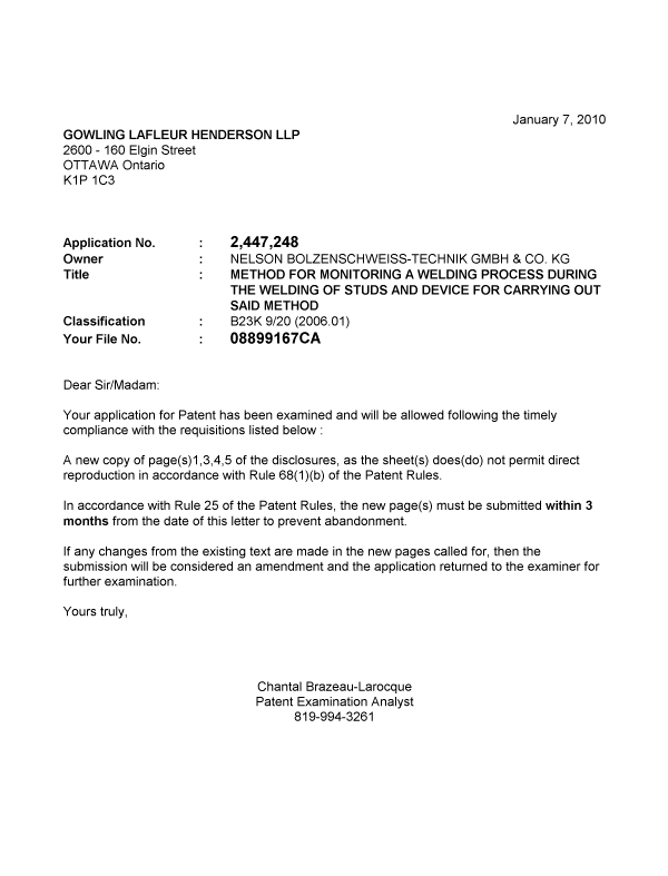 Document de brevet canadien 2447248. Correspondance 20100107. Image 1 de 1