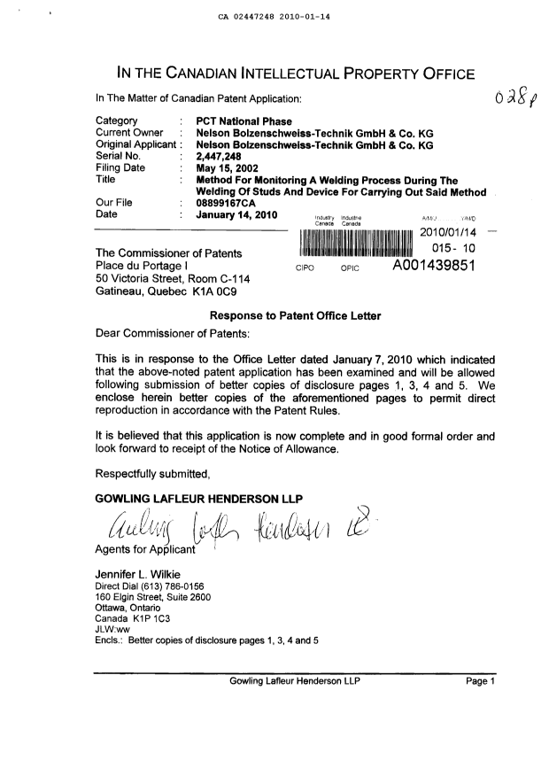 Document de brevet canadien 2447248. Correspondance 20100114. Image 1 de 5
