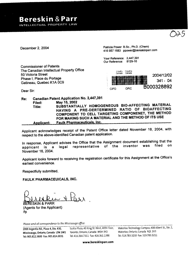 Document de brevet canadien 2447391. Cession 20041202. Image 1 de 1