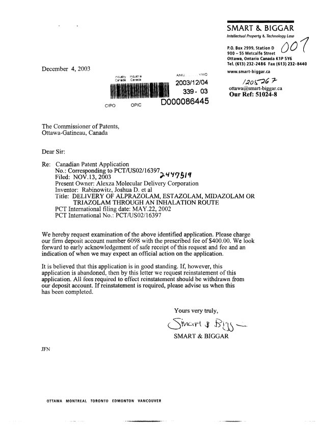 Canadian Patent Document 2447519. Prosecution-Amendment 20021204. Image 1 of 1