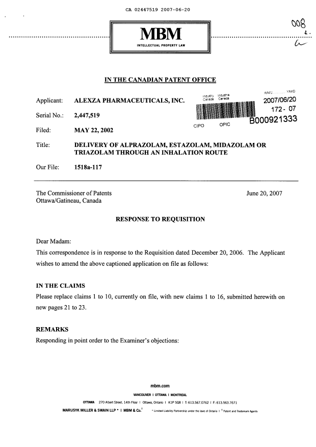 Canadian Patent Document 2447519. Prosecution-Amendment 20061220. Image 1 of 9