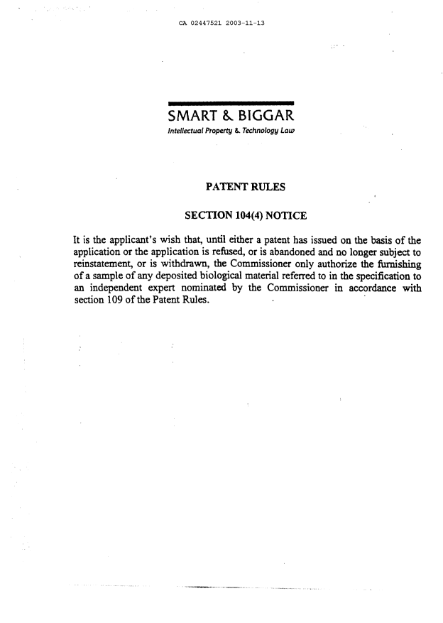 Canadian Patent Document 2447521. Prosecution-Amendment 20031113. Image 1 of 1