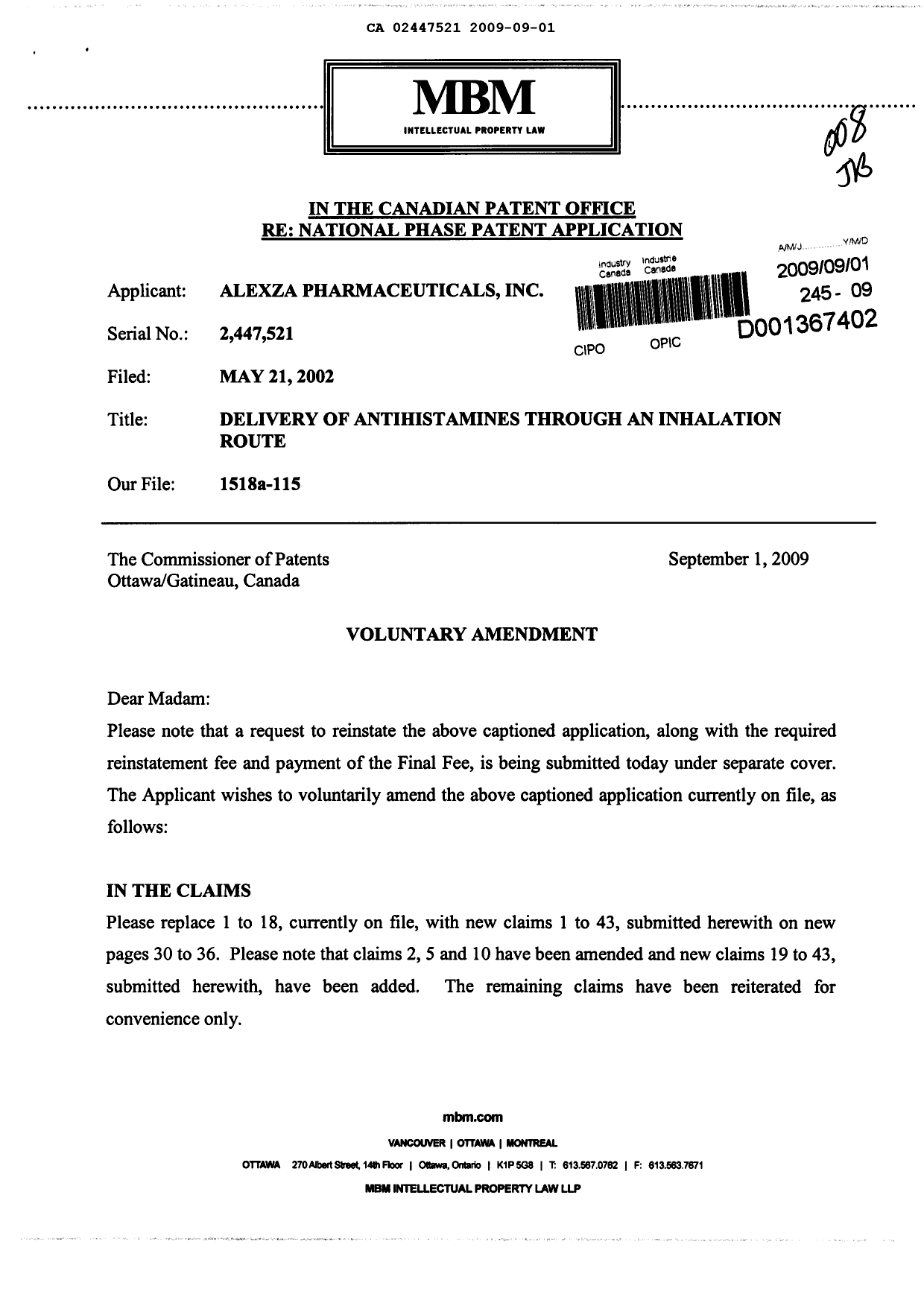 Document de brevet canadien 2447521. Poursuite-Amendment 20090901. Image 1 de 10