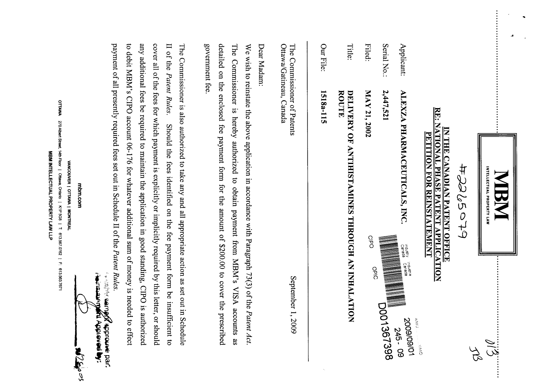 Canadian Patent Document 2447521. Prosecution-Amendment 20090901. Image 1 of 2