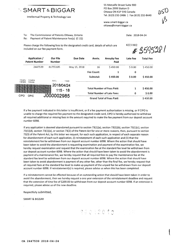 Document de brevet canadien 2447539. Paiement de taxe périodique 20180424. Image 1 de 1