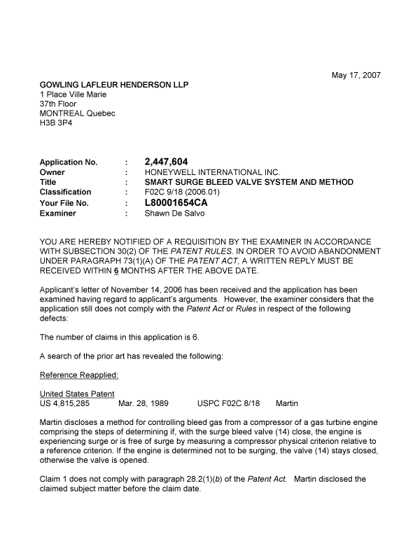 Canadian Patent Document 2447604. Prosecution-Amendment 20070517. Image 1 of 2