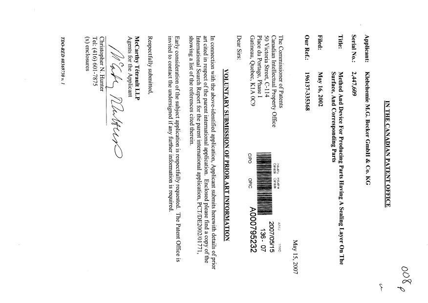Canadian Patent Document 2447609. Prosecution-Amendment 20070515. Image 1 of 1