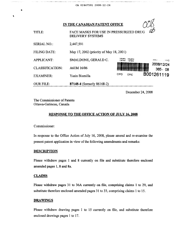 Document de brevet canadien 2447694. Correspondance de la poursuite 20090204. Image 1 de 23