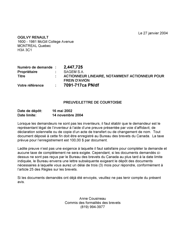 Document de brevet canadien 2447725. Correspondance 20040123. Image 1 de 1